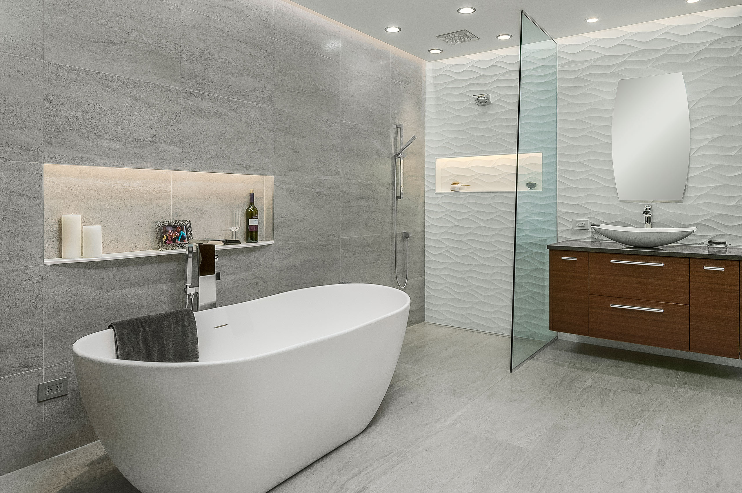 Upscale, modern, minimal gray and white bathroom.